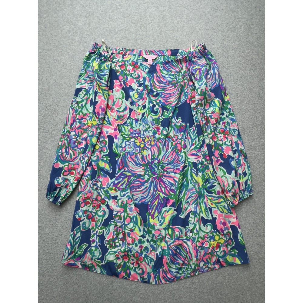 Lilly Pulitzer Dress Womens XXS Blue Pink Green Floral Print Silk Off‎ Shoulder